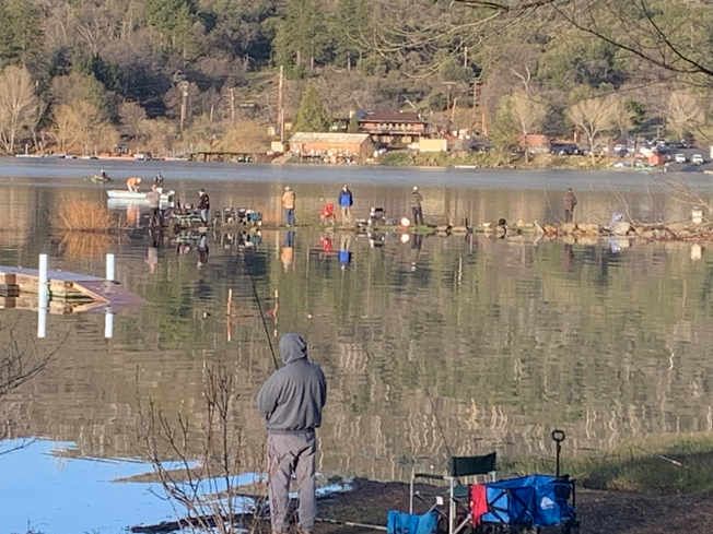 People are fishing around a lake with trees and buildings in the background.