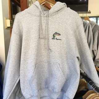 Gray hoodie with a fish logo and the text "Lake Superior" on a clothing rack.