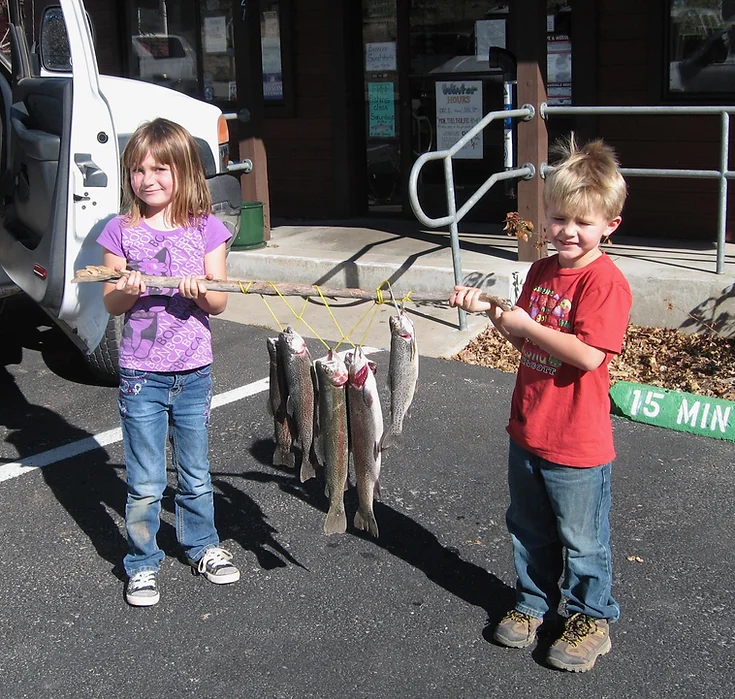 Two kids holding a stick with several fish hanging on it.