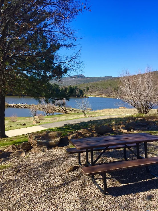 A picnic table by a lake, surrounded by trees and hills under a clear blue sky.