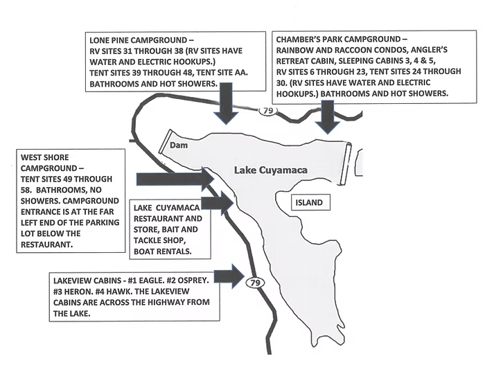 Map of Lake Cuyamaca, showing campgrounds, cabins, restaurant, and boat rentals.