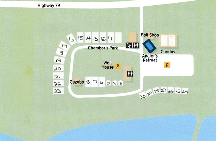 Map with numbered sites, Chamber's Park, Well House, gazebo, bait shop, Angler's Retreat, condos, Highway 79, and parking areas.