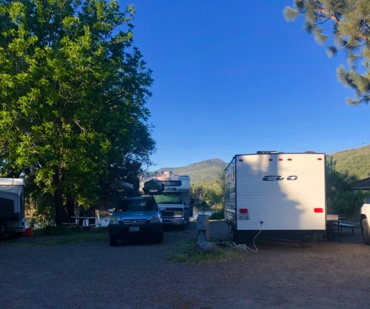 RVs and cars parked in a nature setting with trees and hills under a clear blue sky.