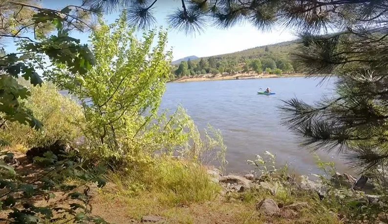 A river with two people kayaking, surrounded by trees and a grassy riverbank.