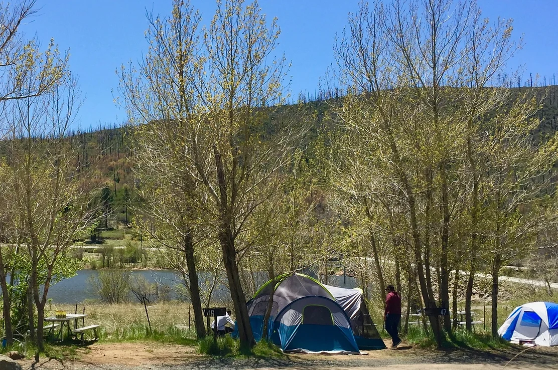 Tents and a picnic table near a lake, surrounded by trees and hills under a clear blue sky.