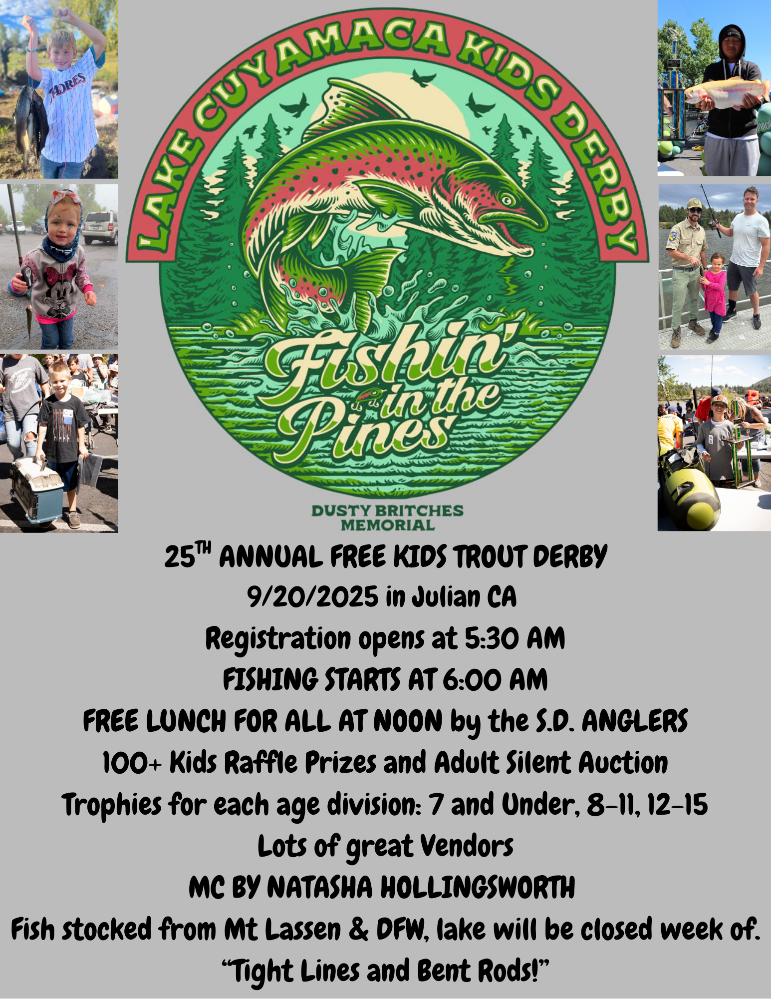 Lake Cuyamaca Kids Derby on 9/20/2025. Free fishing event with prizes, raffles, and vendors. Registration at 5:30 AM. Lunch included.