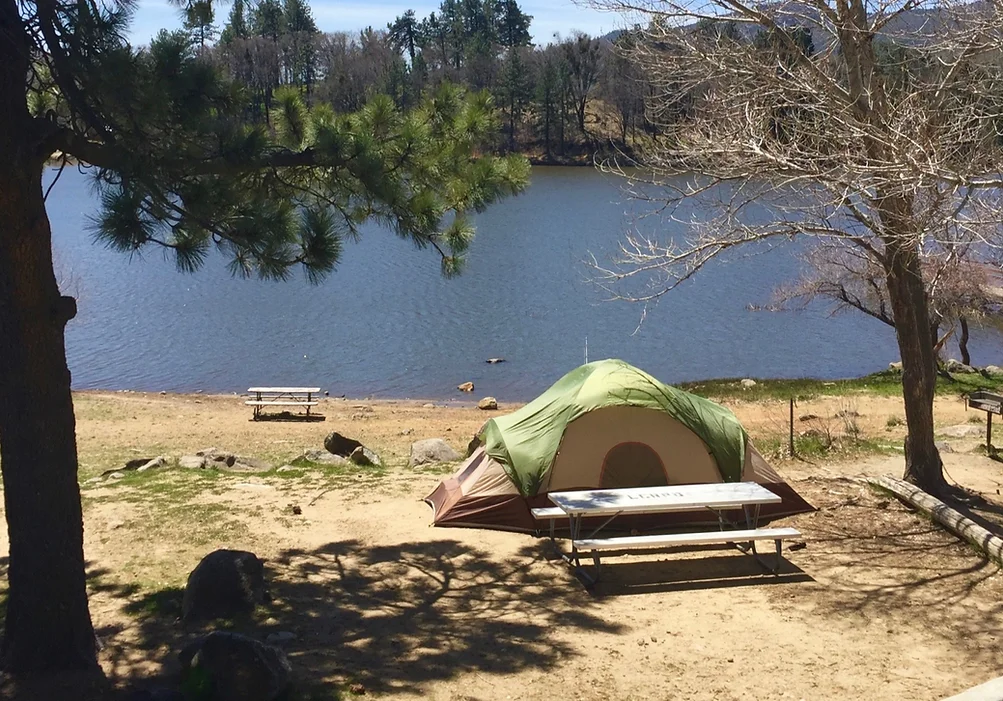 A lakeside campsite with a tent, picnic table, and surrounding trees under a clear sky.