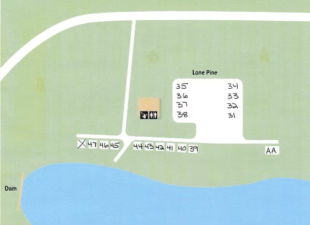 Map with numbered plots near Lone Pine and a dam; facilities marked, some areas crossed out.