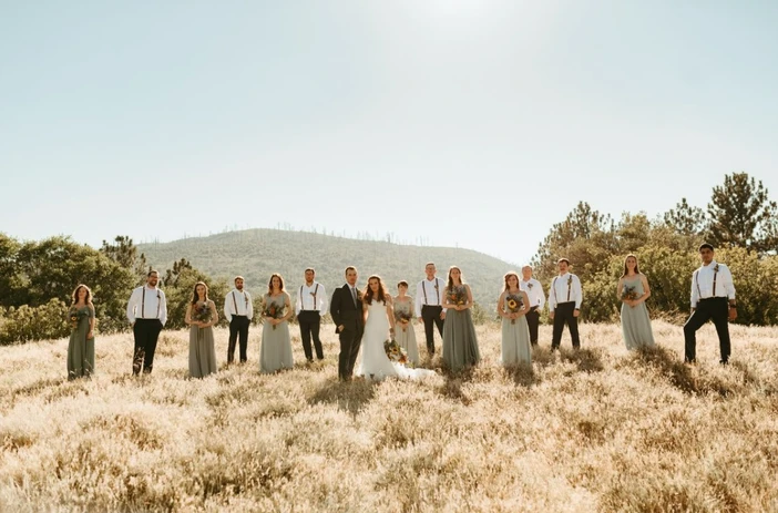 Wedding party posing outdoors in a field with a clear sky and hills in the background.