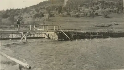 A person stands on a wooden bridge over a flowing river with forested hills in the background.