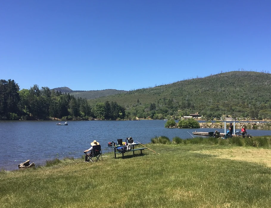 A tranquil lakeside scene with people relaxing, a boat on the water, and forested hills under a clear blue sky.