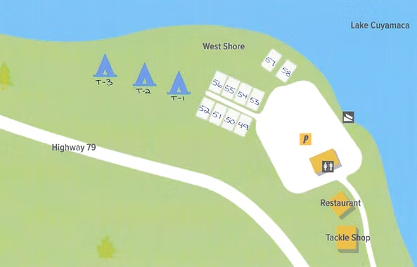 Map showing a campsite near Lake Cuyamaca with tents, RV spots, parking, a restroom, a restaurant, and a tackle shop along Highway 79.
