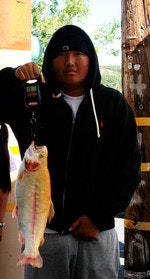 A person holding a large fish on a scale.