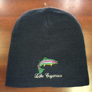 A black beanie with an embroidered fish and the text "Lake Cuyamaca."