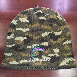 Camouflage beanie with a colorful fish patch and the text "Lake Cuyamaca" embroidered.