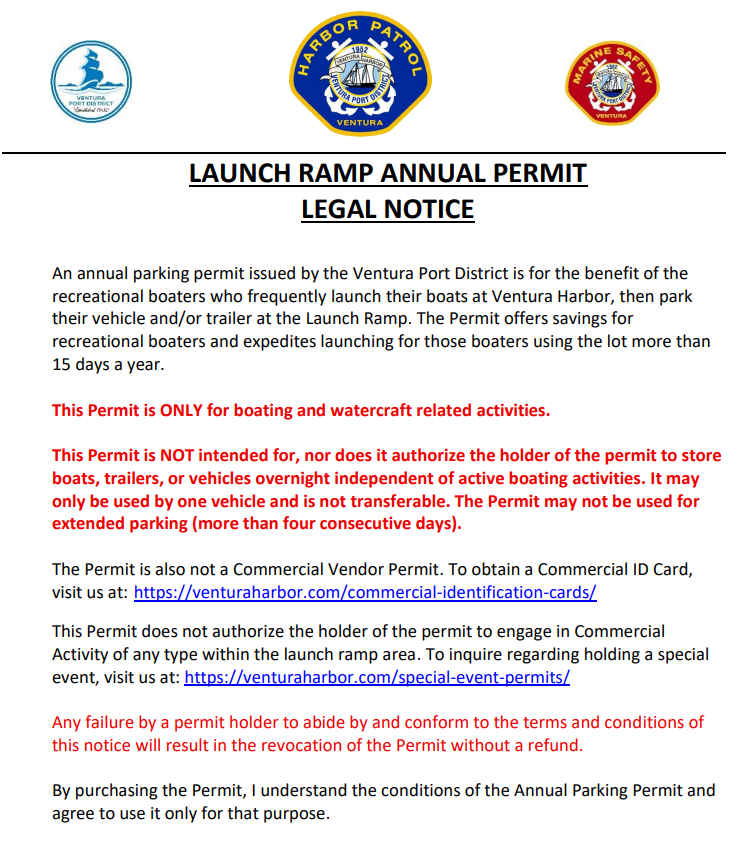 Ventura Harbor Launch Ramp Permit notice for recreational boaters. Permit for boating activities only, non-transferable, not for storage.
