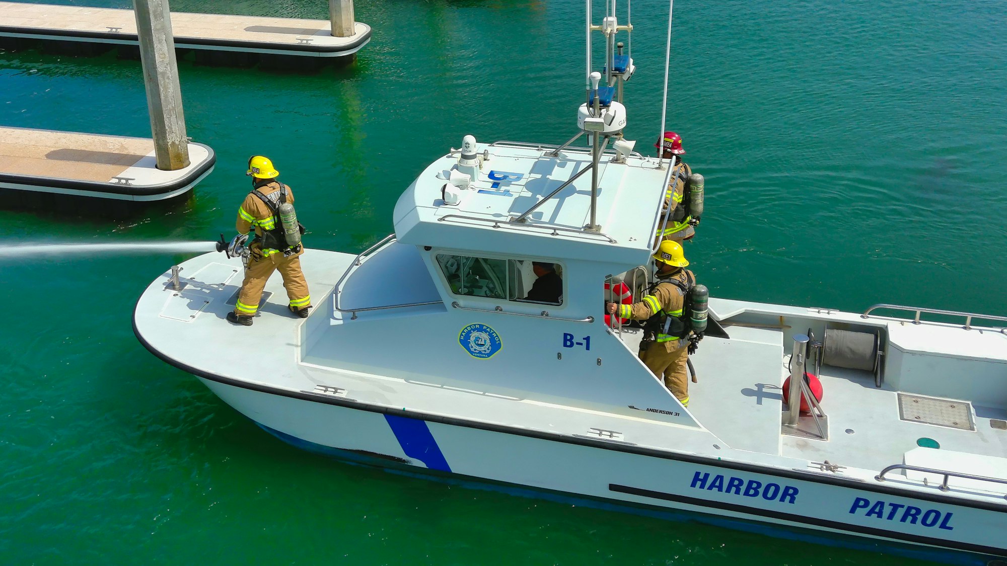 Harbor Patrol and Ventura City Fire Department on Fireboat 1 With Deck Gun Flowing