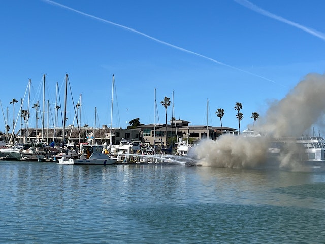 Ventura Harbor Patrol Fireboat 1 fighting an 80' boat on fire in Channel Islands Harbor