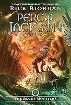 A book cover for "Percy Jackson & the Olympians: The Sea of Monsters" by Rick Riordan, featuring mythological imagery.