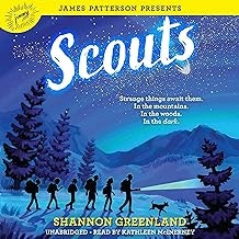 A book cover titled "Scouts" by Shannon Greenland with silhouettes of kids, trees, mountains, and a starry sky.