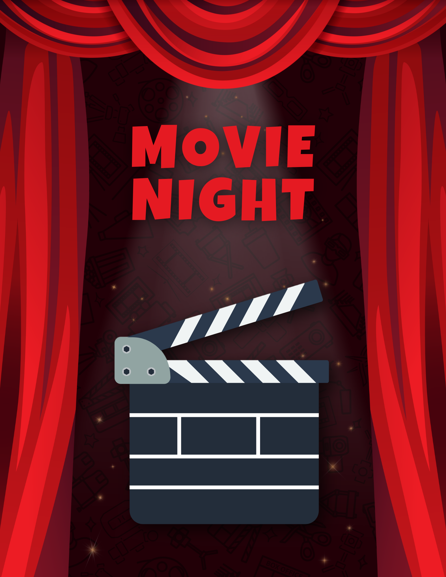 Red curtains frame a "Movie Night" text with a clapperboard on a dark background.