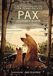 A book cover "Pax, Journey Home" with two foxes in a forest gazing at a bird flying in a twilight sky.