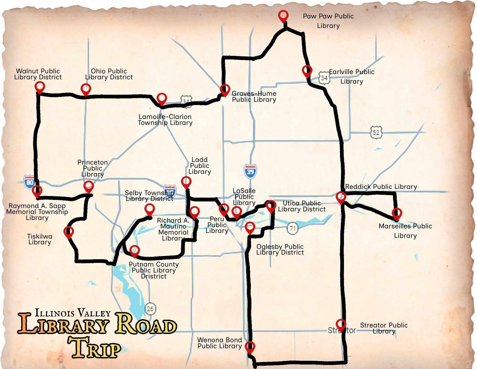 A map of the Illinois Valley showing a library road trip with various library locations marked along the route.