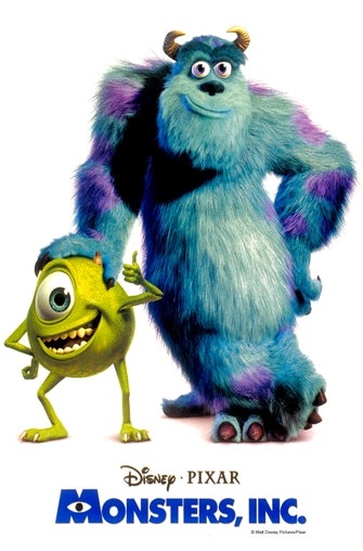 Two animated monsters standing together from the movie "Monsters, Inc." by Disney-Pixar.