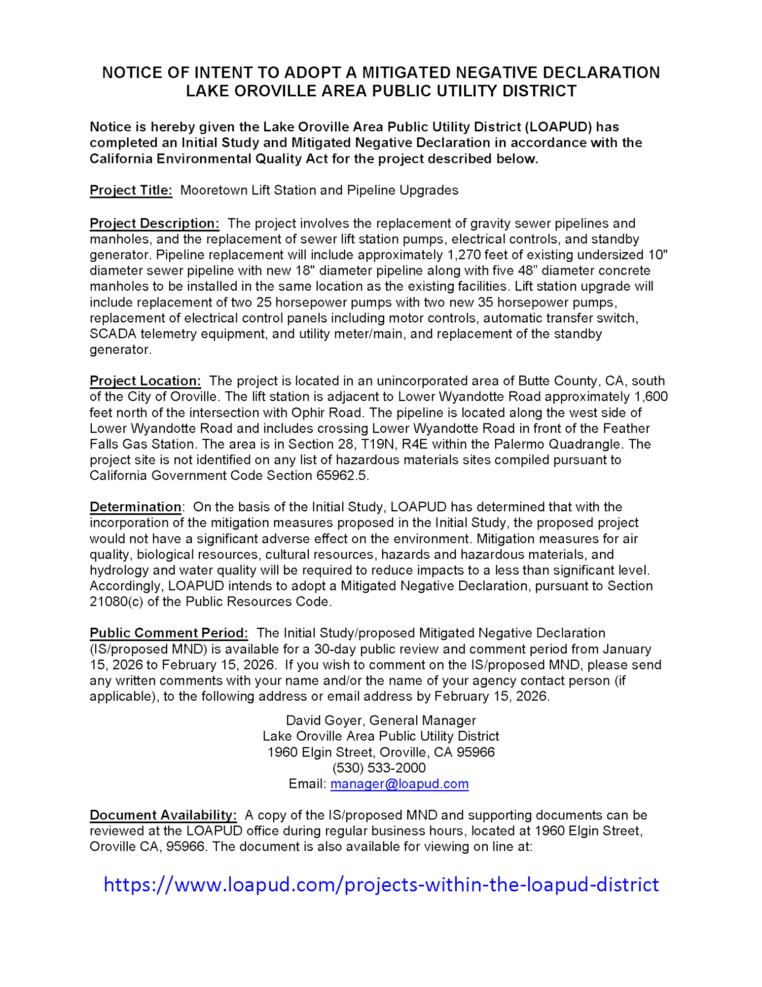 The image contains a notice about a project to upgrade the Mooretown Lift Station and pipelines by the Lake Oroville Area Public Utility District.