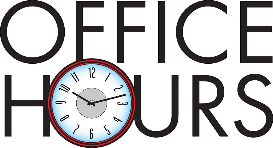 Text "OFFICE HOURS" with a clock as the "O" in "OFFICE."