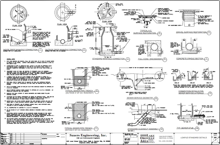 Standard Details drawing for sewer installation,