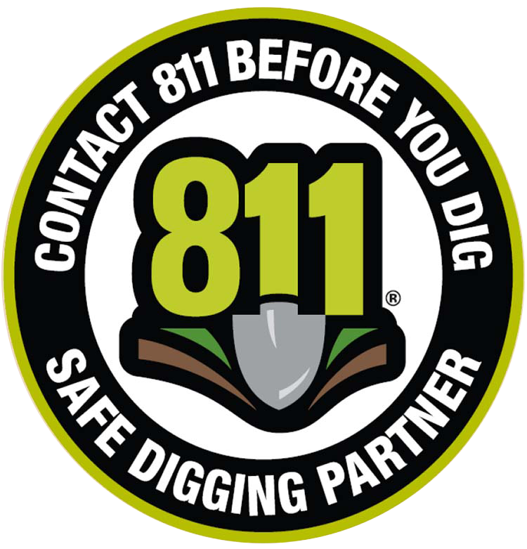 A logo promoting safety before digging with the number 811, stating "Contact 811 before you dig - Safe Digging Partner".