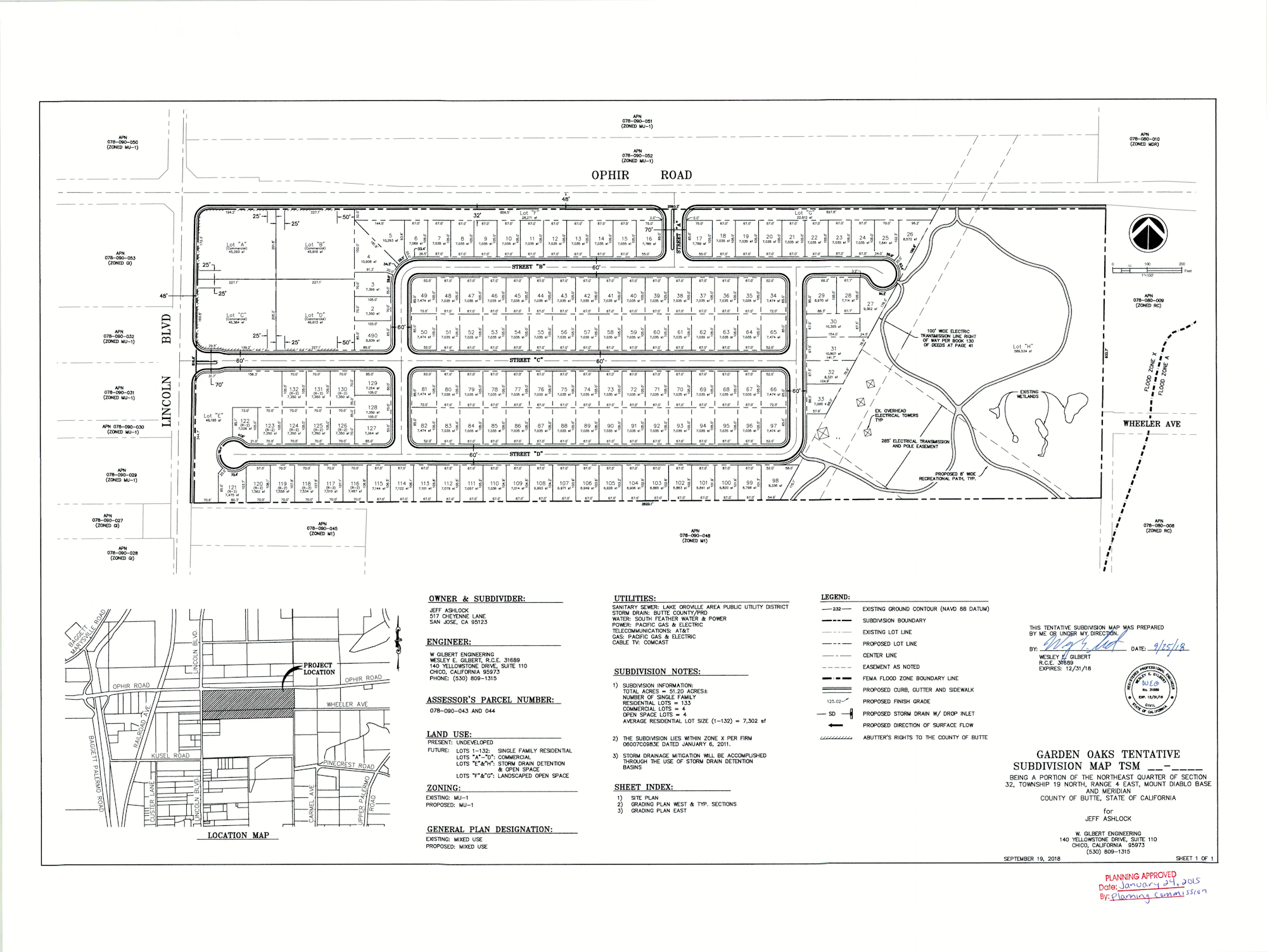 This is a subdivision site plan with streets, lots, and legal notations.