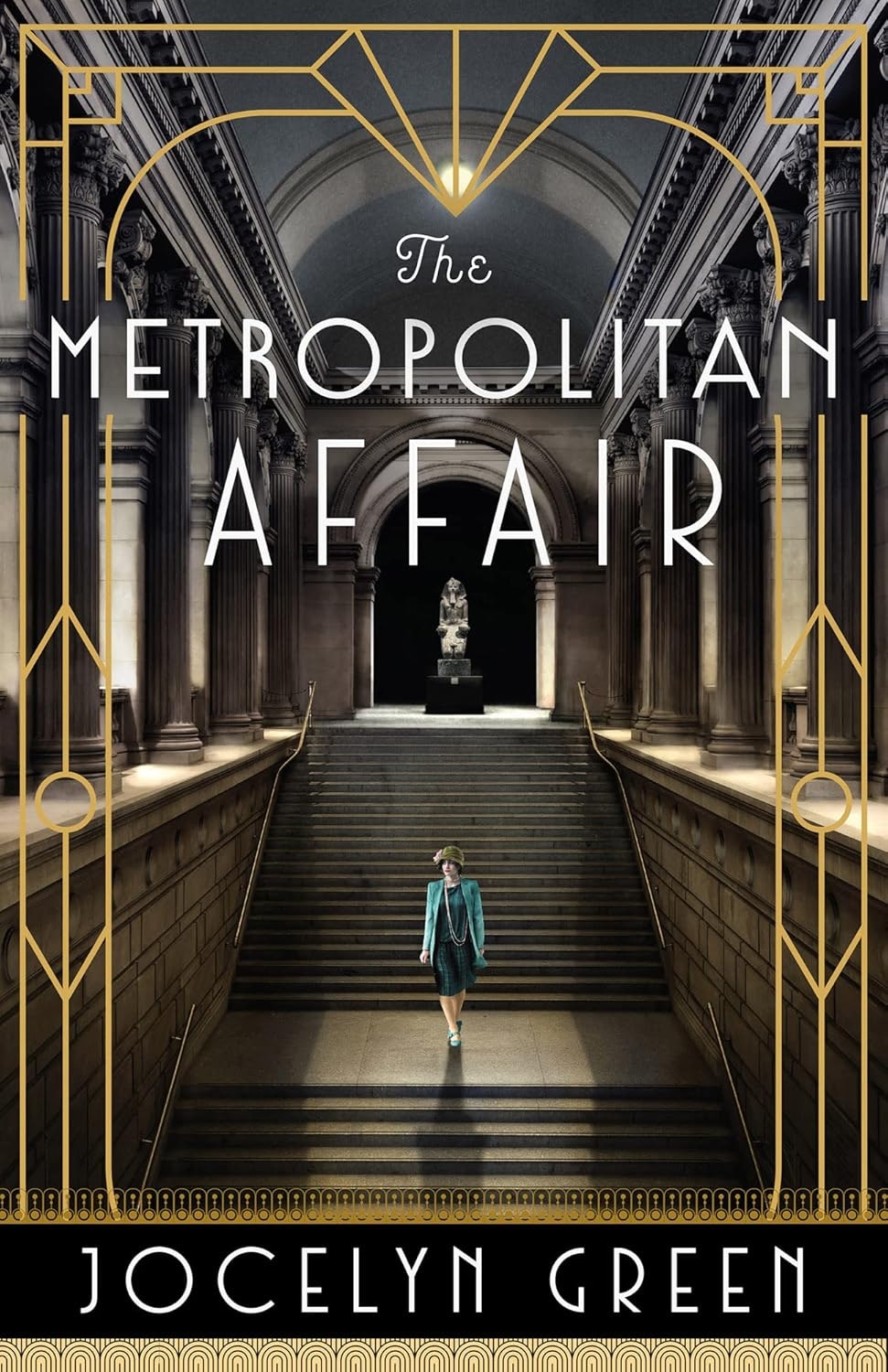 A book cover titled "The Metropolitan Affair" by Jocelyn Green, featuring a woman on ornate museum stairs.