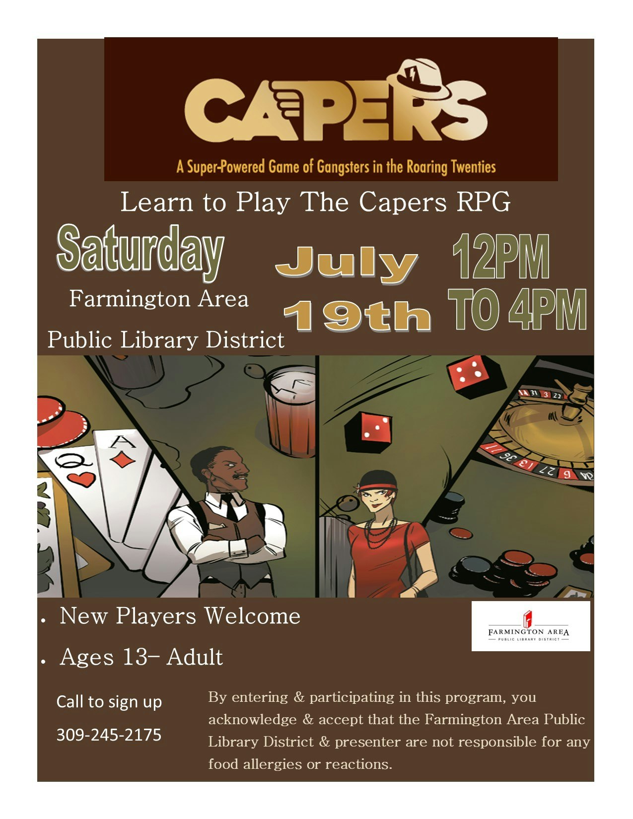 Event flyer for "The Capers RPG" at Farmington Area Library, July 19th, 12–4 PM. Ages 13+. New players welcome. Call 309-245-2175.