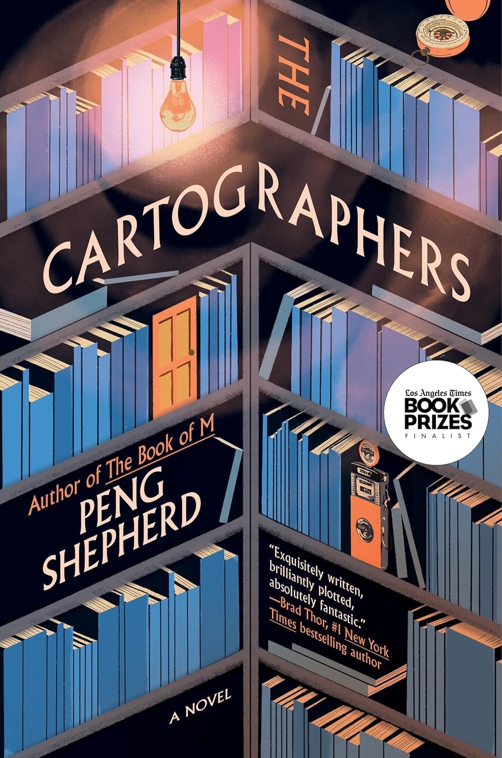 "The Cartographers" by Peng Shepherd, cover with bookshelves, a light bulb, and a Los Angeles Times Book Prizes finalist seal.