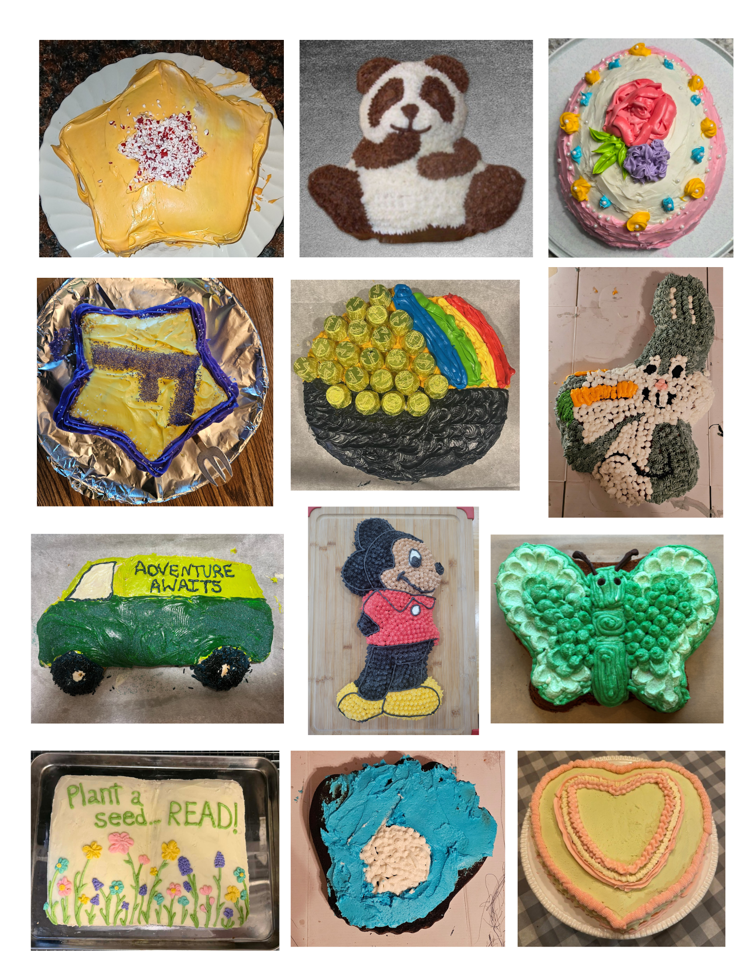 A collage of creatively decorated cakes and treats, featuring animals, shapes, and fun themes in various vibrant colors.