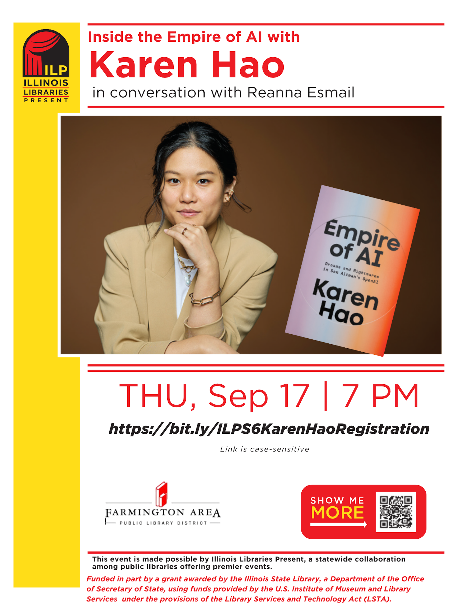 Event with Karen Hao discussing AI, in conversation with Reanna Esmail. Scheduled for Thu, Sep 17 at 7 PM. Registration link included.