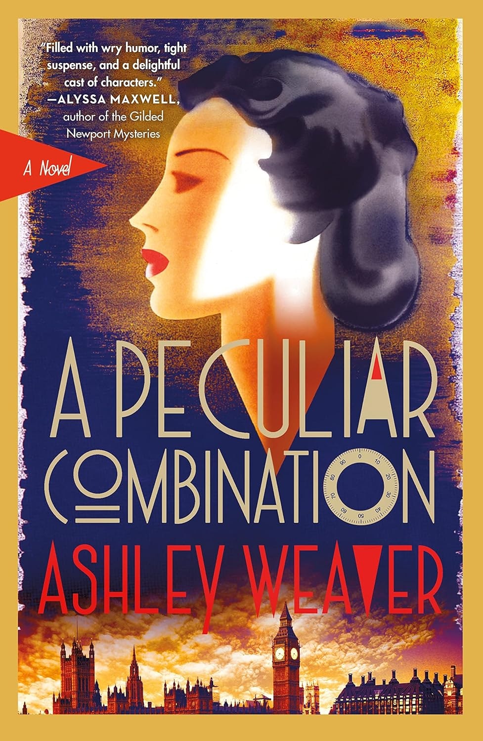 The image features the book cover of "A Peculiar Combination" by Ashley Weaver, showcasing a stylized profile of a woman and London landmarks.