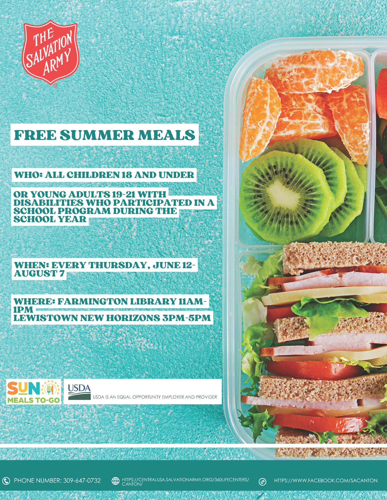 Salvation Army offers free summer meals for children and young adults with disabilities. Every Thursday, June 12-August 7.