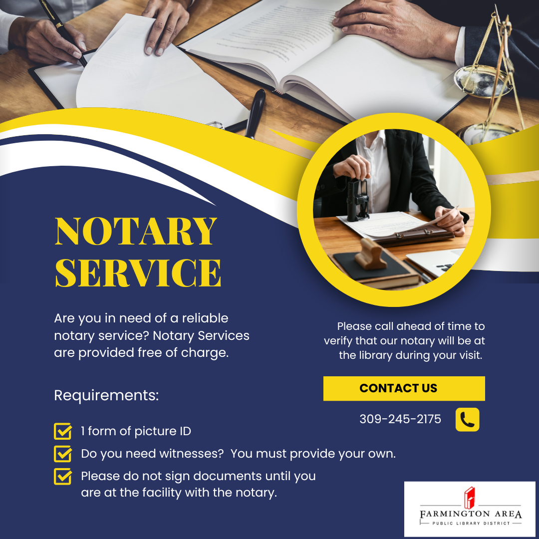 Ad for free notary service requiring picture ID, witnesses provided by client, and signing in presence of notary. Call to confirm availability.