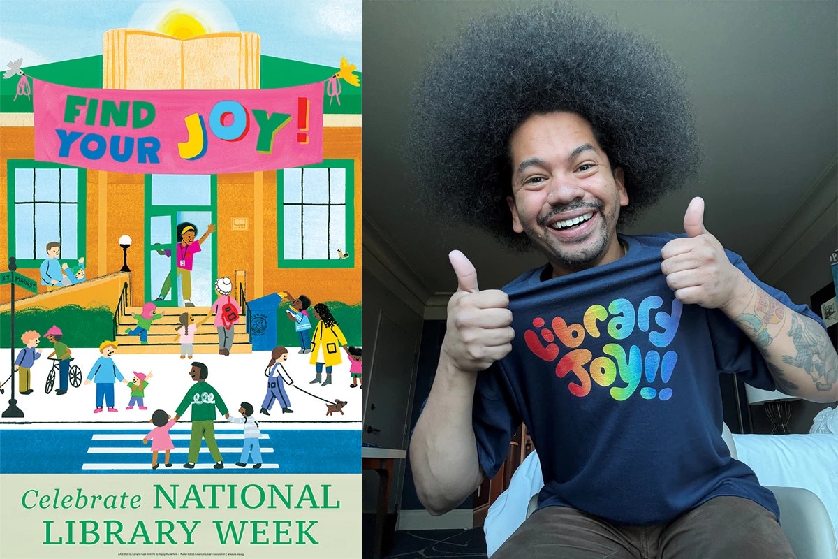 An illustration promoting National Library Week alongside a smiling person in a "Library Joy" t-shirt celebrating libraries.