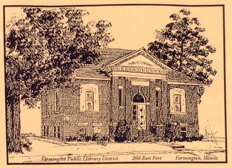 Illustration of Farmington Public Library in Illinois, with trees and classical architecture.