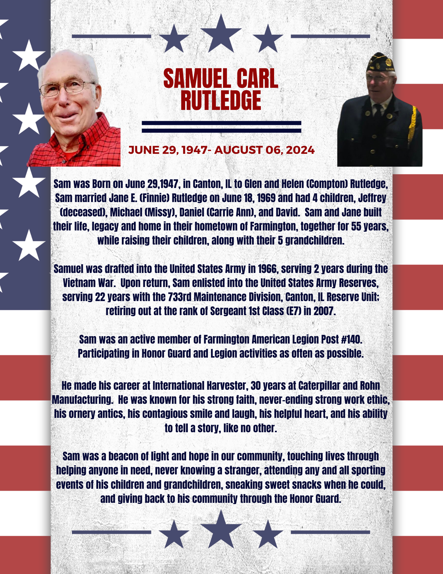 A tribute image with photo & text, dedicated to Samuel Carl Rutledge (1947-2024), celebrating his life, family, military service, and community involvement.