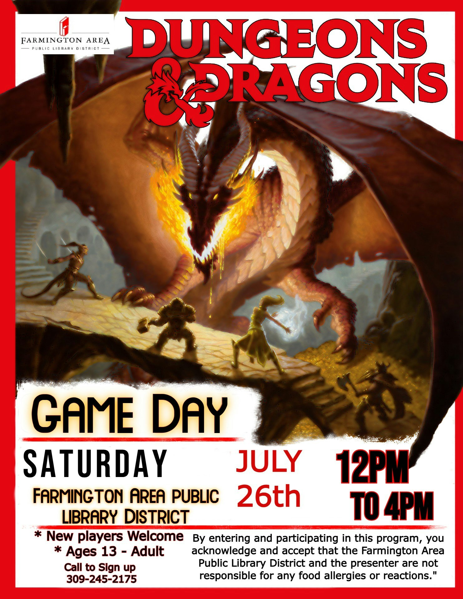 Dungeons & Dragons Game Day flyer, Farmington Area Public Library, July 26th, 12 PM to 4 PM, ages 13+, call to sign up.