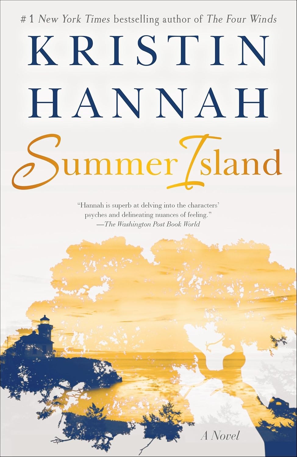 The image features the book cover for "Summer Island" by Kristin Hannah, highlighting its coastal theme and a quote about the author’s writing.