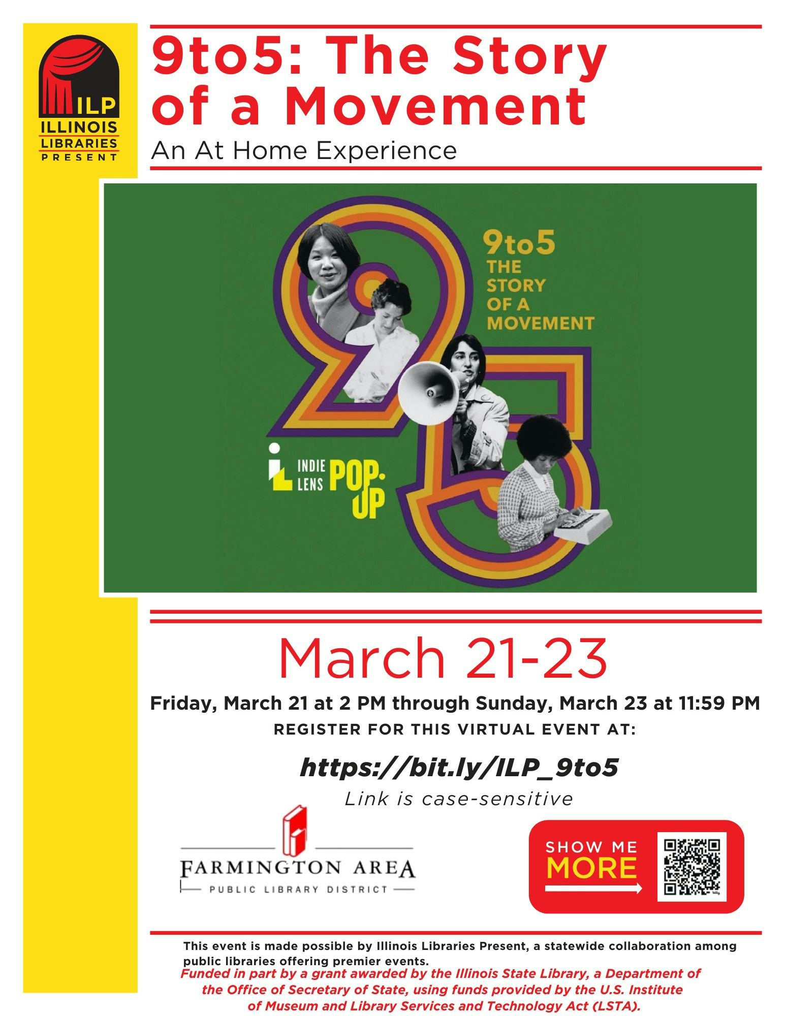 Poster for "9to5: The Story of a Movement" virtual event, March 21-23. Registration link: https://bit.ly/ILP_9to5.