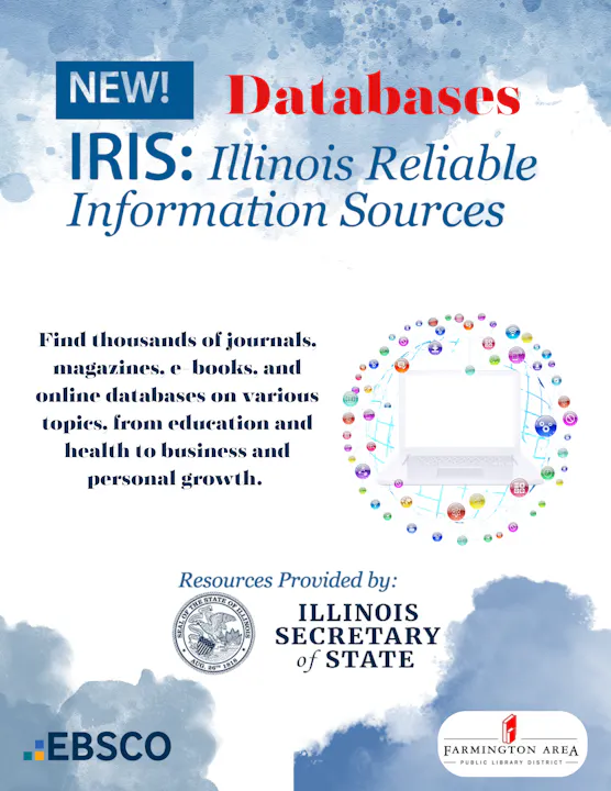 The image promotes IRIS, a new database offering journals, e-books, and resources on various topics for education and growth.