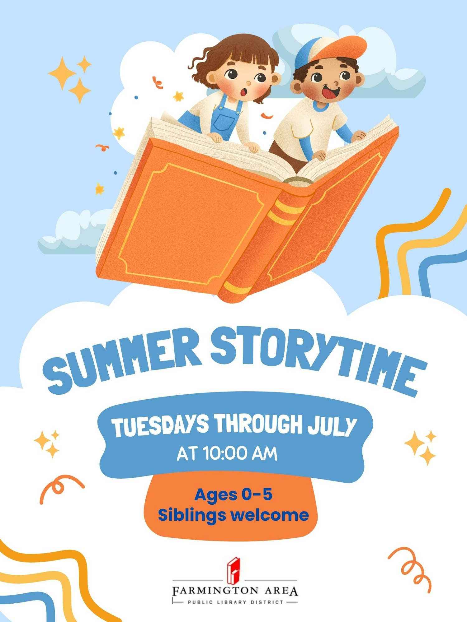 Kids on a flying book; "Summer Storytime" Tuesdays through July, 10:00 AM, for ages 0-5. Farmington Area Public Library District.