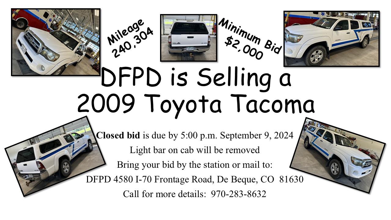 Sale announcement for a 2009 Toyota Tacoma with a minimum bid of $2,000 by DFPD.